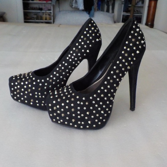 Traffic Shoes - Black Spikes/Studs Platform Fabric Stiletto Heels